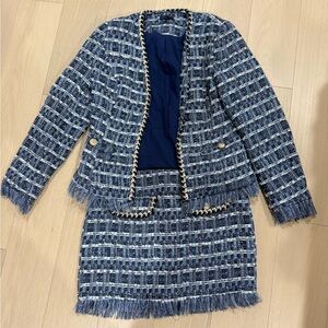 Aqua Blue and White Tweed Blazer and Skirt Set